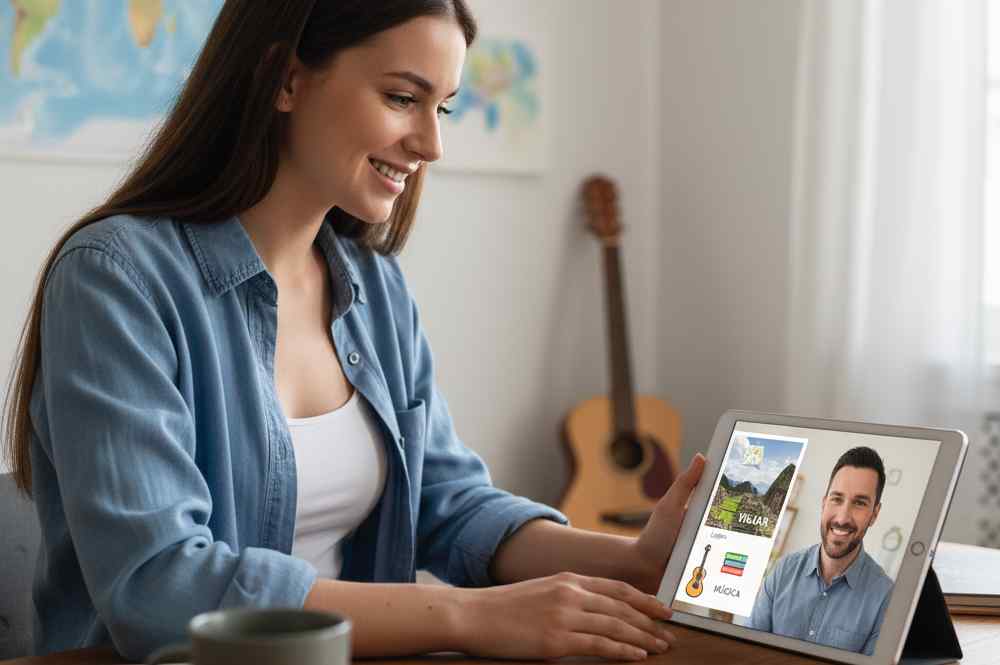 Student in lesson with male tutor; desk shows art and guitar for custom content.